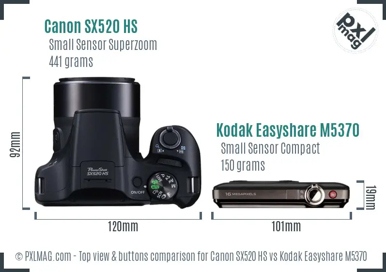 Canon SX520 HS vs Kodak Easyshare M5370 top view buttons comparison Canon SX520 HS vs Kodak Easyshare M5370 top view buttons comparison