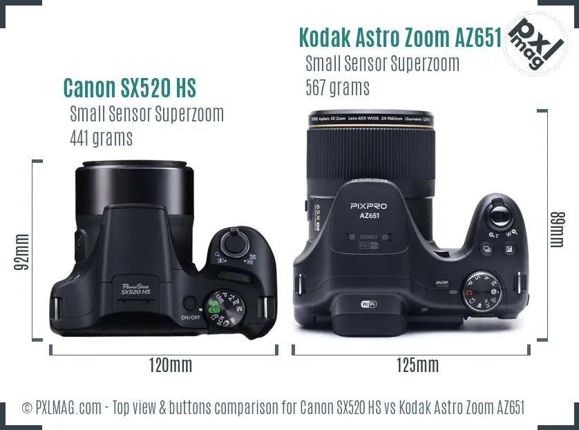 Canon SX520 HS vs Kodak Astro Zoom AZ651 top view buttons comparison