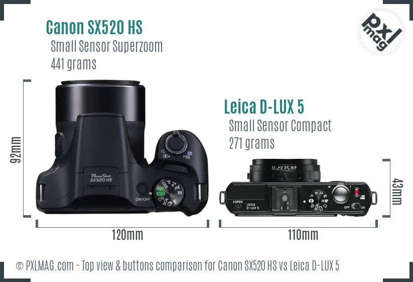 Canon SX520 HS vs Leica D-LUX 5 top view buttons comparison Canon SX520 HS vs Leica D-LUX 5 top view buttons comparison