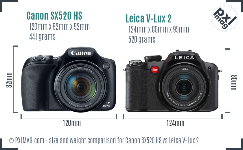 Canon SX520 HS vs Leica V-Lux 2 size comparison Canon SX520 HS vs Leica V-Lux 2 size comparison