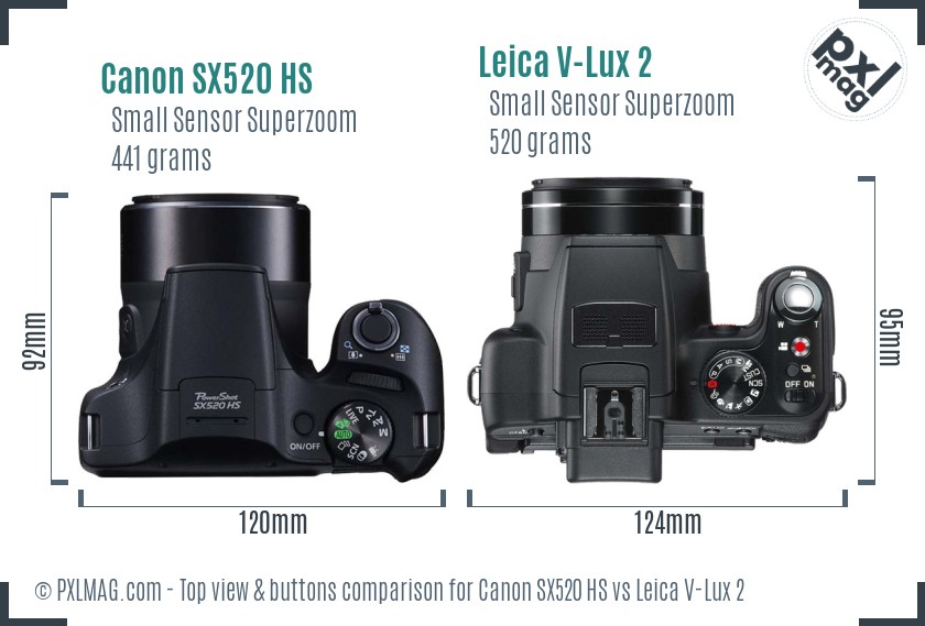 Canon SX520 HS vs Leica V-Lux 2 top view buttons comparison