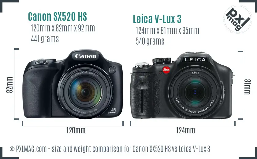 Canon SX520 HS vs Leica V-Lux 3 size comparison