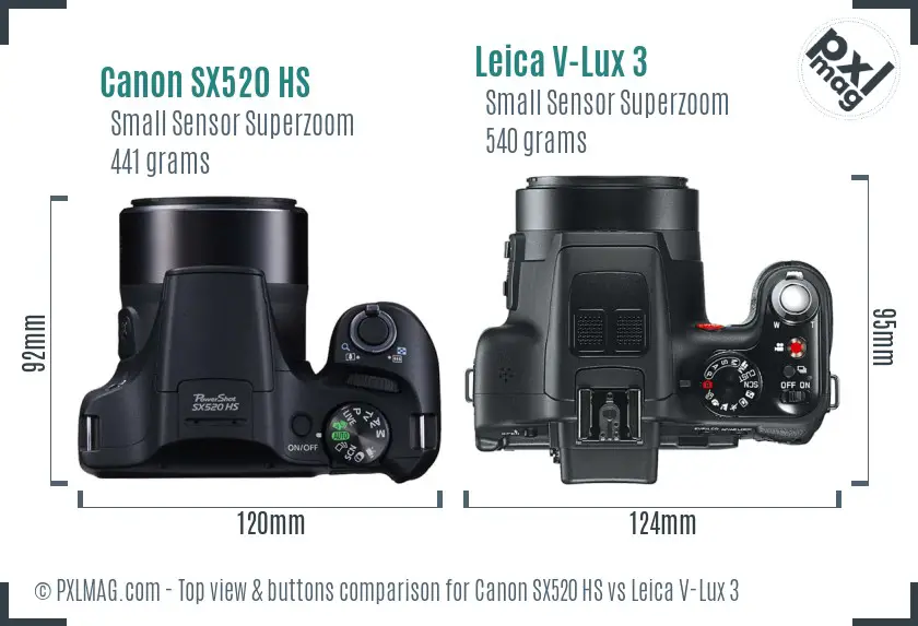 Canon SX520 HS vs Leica V-Lux 3 top view buttons comparison