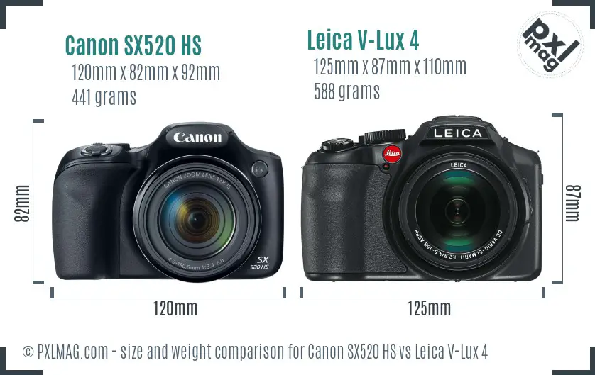 Canon SX520 HS vs Leica V-Lux 4 size comparison