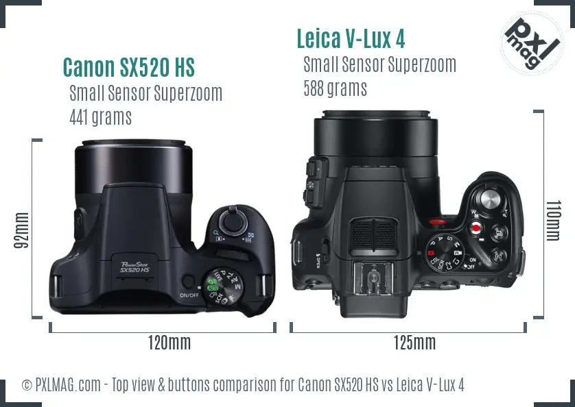 Canon SX520 HS vs Leica V-Lux 4 top view buttons comparison