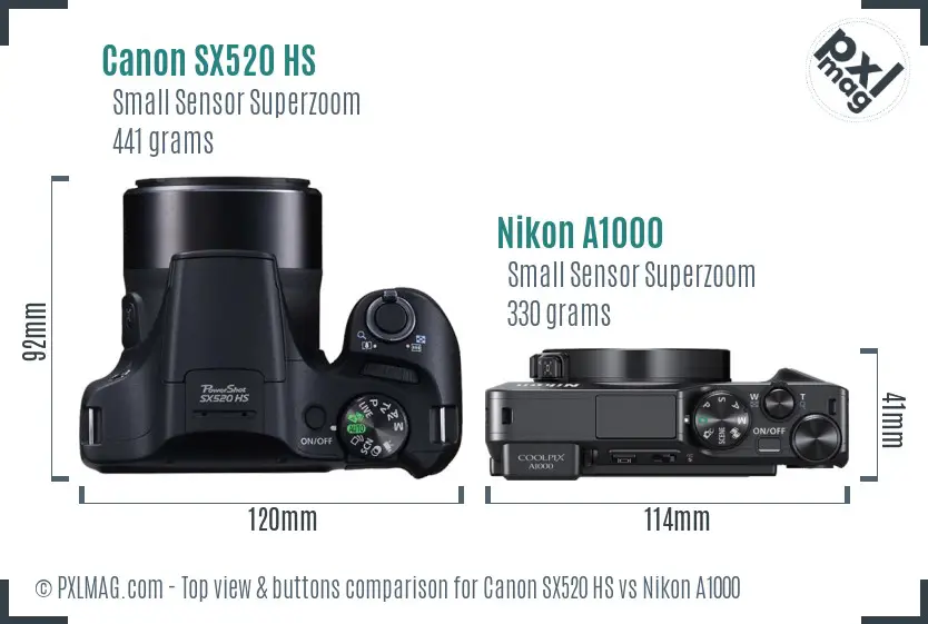 Canon SX520 HS vs Nikon A1000 top view buttons comparison