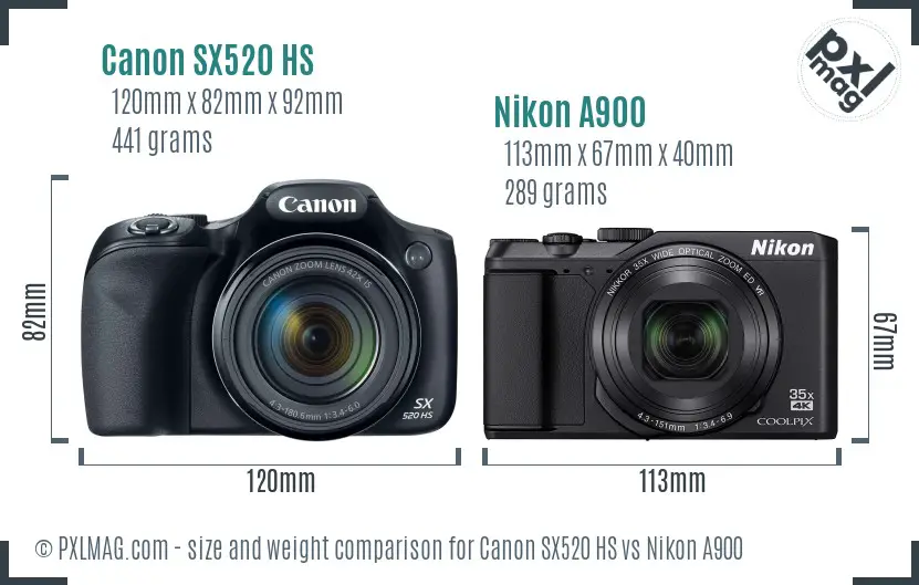 Canon SX520 HS vs Nikon A900 size comparison