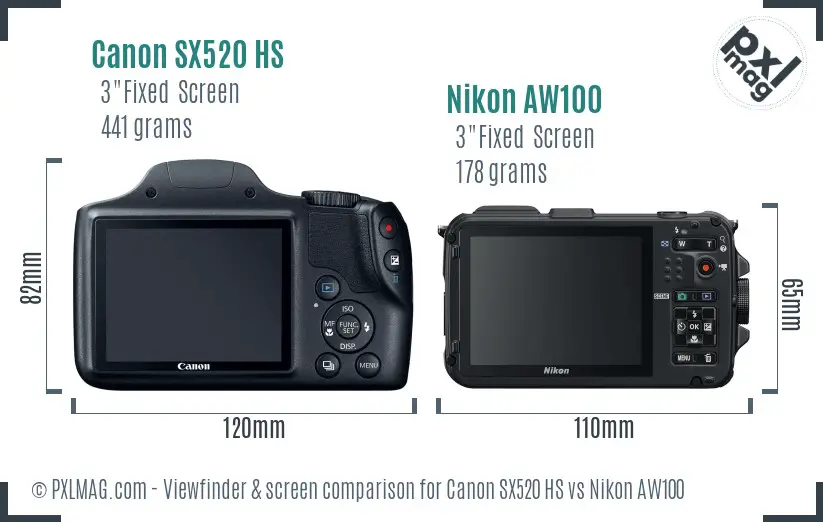 Canon SX520 HS vs Nikon AW100 Screen and Viewfinder comparison