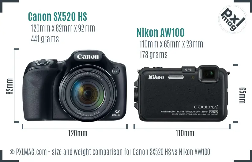 Canon SX520 HS vs Nikon AW100 size comparison