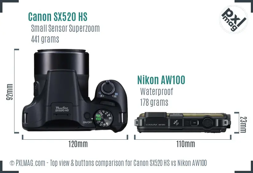 Canon SX520 HS vs Nikon AW100 top view buttons comparison