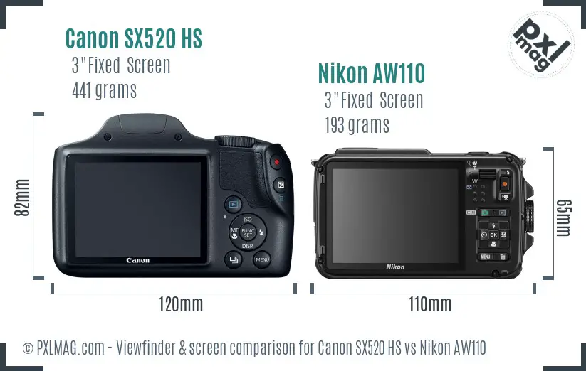Canon SX520 HS vs Nikon AW110 Screen and Viewfinder comparison