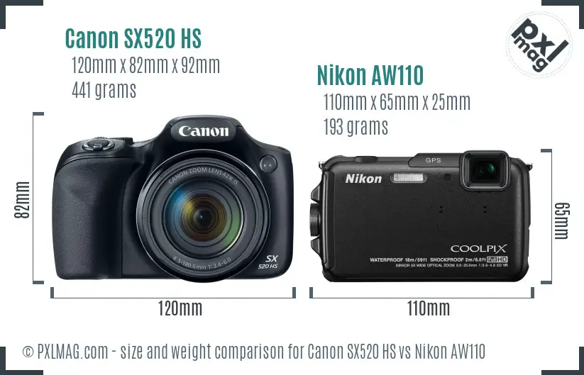 Canon SX520 HS vs Nikon AW110 size comparison
