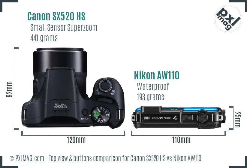 Canon SX520 HS vs Nikon AW110 top view buttons comparison