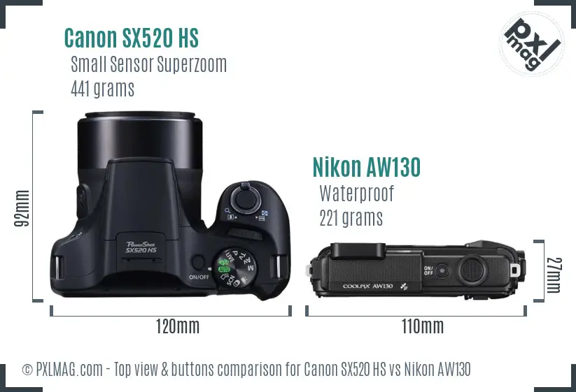 Canon SX520 HS vs Nikon AW130 top view buttons comparison