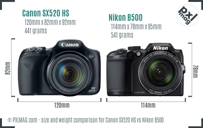 Canon SX520 HS vs Nikon B500 size comparison