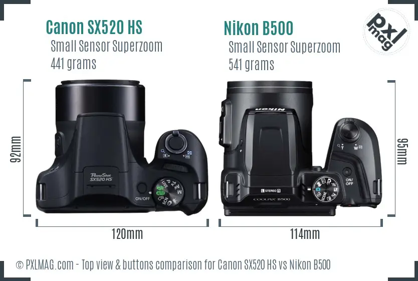 Canon SX520 HS vs Nikon B500 top view buttons comparison