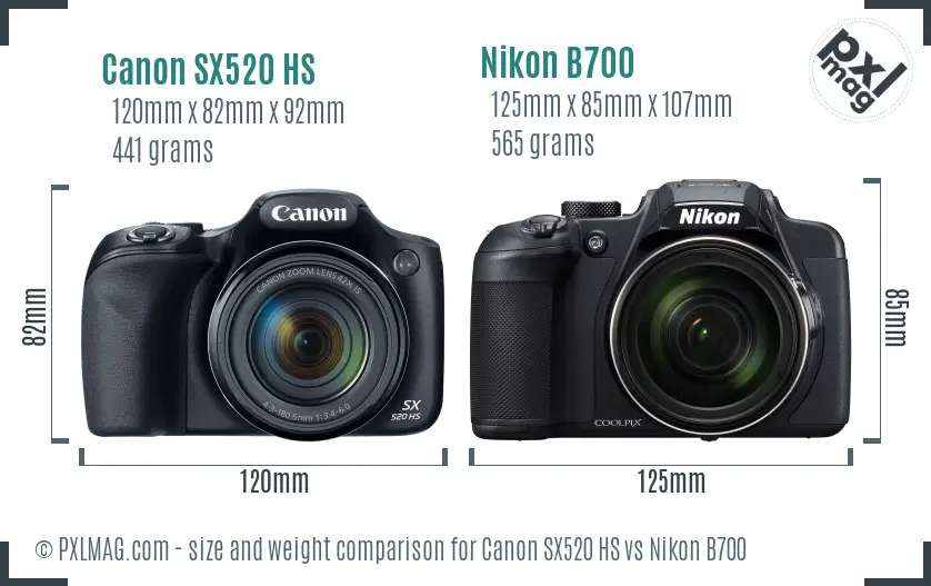 Canon SX520 HS vs Nikon B700 size comparison