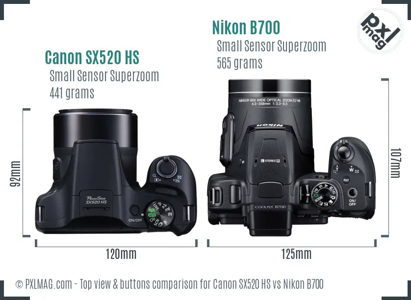 Canon SX520 HS vs Nikon B700 top view buttons comparison