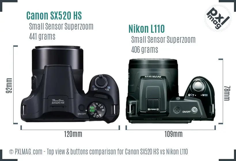 Canon SX520 HS vs Nikon L110 top view buttons comparison Canon SX520 HS vs Nikon L110 top view buttons comparison