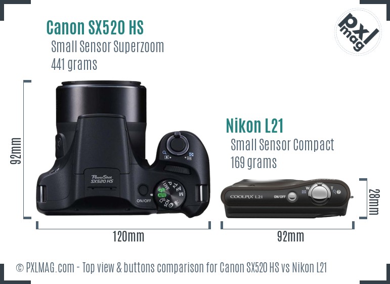 Canon SX520 HS vs Nikon L21 top view buttons comparison