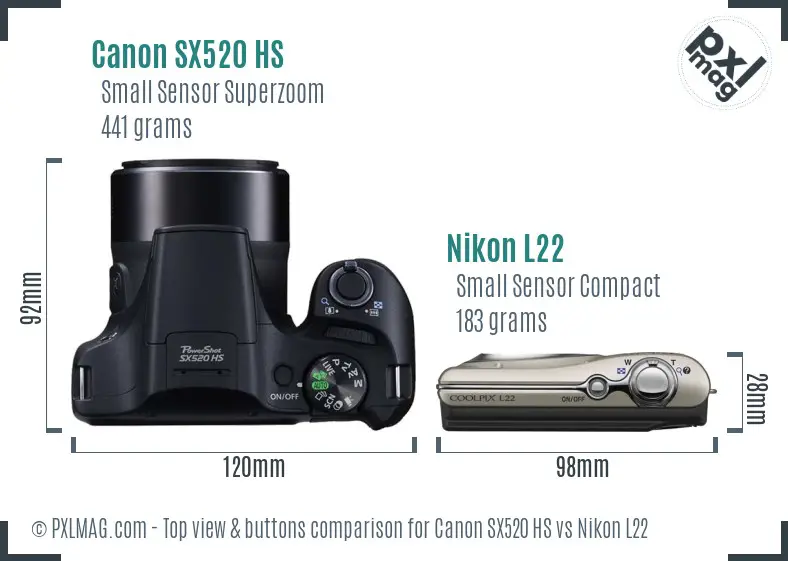 Canon SX520 HS vs Nikon L22 top view buttons comparison