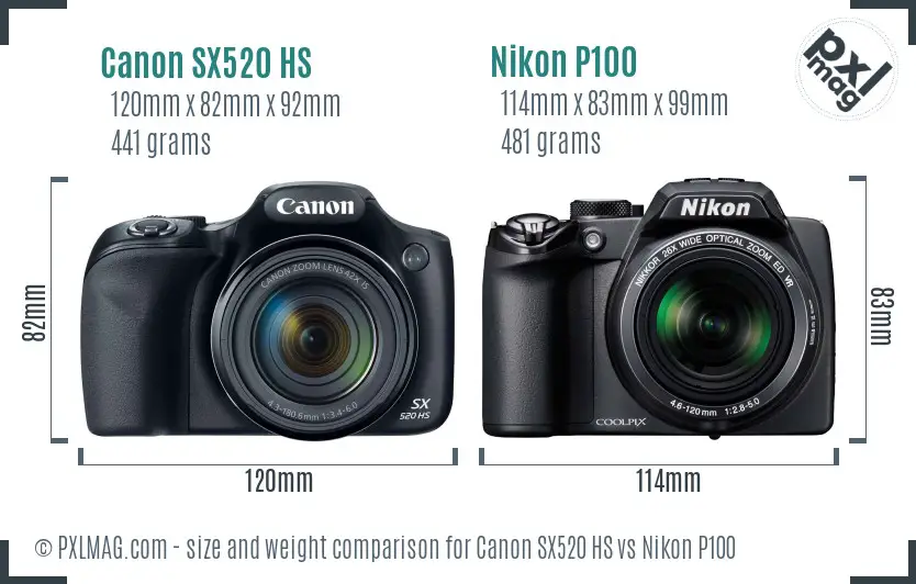 Canon SX520 HS vs Nikon P100 size comparison