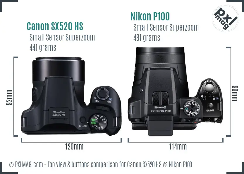 Canon SX520 HS vs Nikon P100 top view buttons comparison