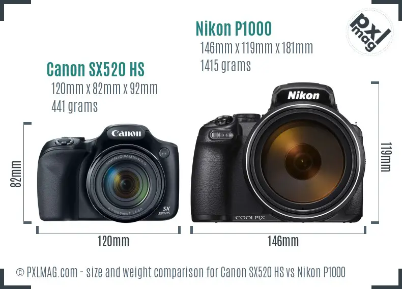 Canon SX520 HS vs Nikon P1000 size comparison