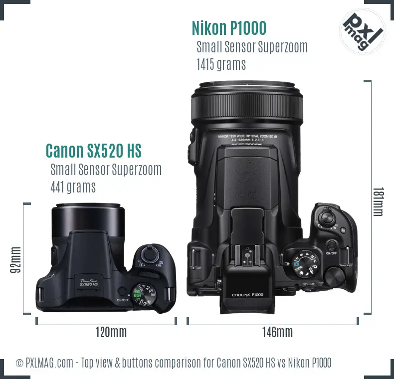 Canon SX520 HS vs Nikon P1000 top view buttons comparison