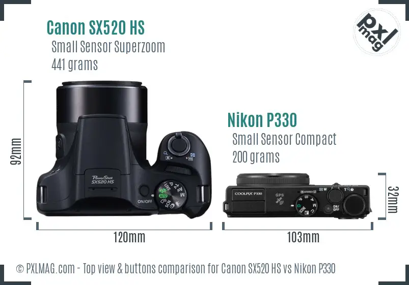 Canon SX520 HS vs Nikon P330 top view buttons comparison Canon SX520 HS vs Nikon P330 top view buttons comparison