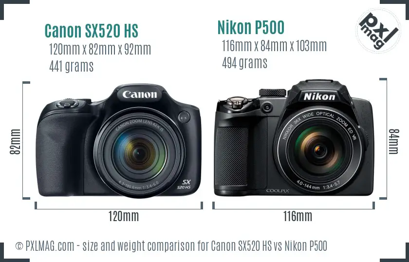 Canon SX520 HS vs Nikon P500 size comparison