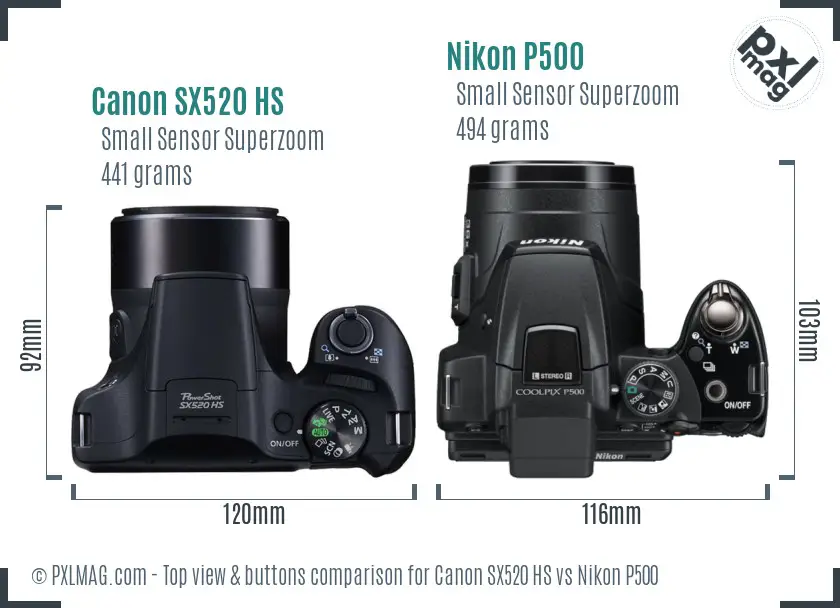 Canon SX520 HS vs Nikon P500 top view buttons comparison