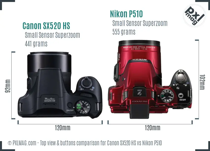 Canon SX520 HS vs Nikon P510 top view buttons comparison