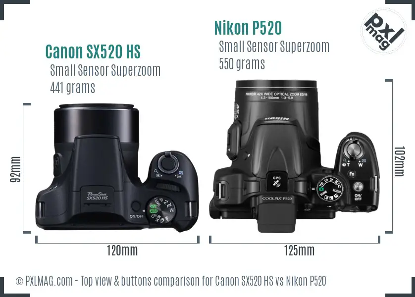 Canon SX520 HS vs Nikon P520 top view buttons comparison