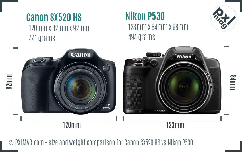 Canon SX520 HS vs Nikon P530 size comparison