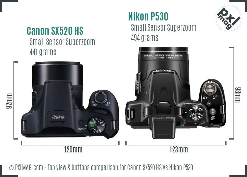 Canon SX520 HS vs Nikon P530 top view buttons comparison