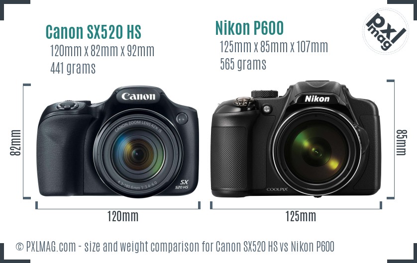 Canon SX520 HS vs Nikon P600 size comparison