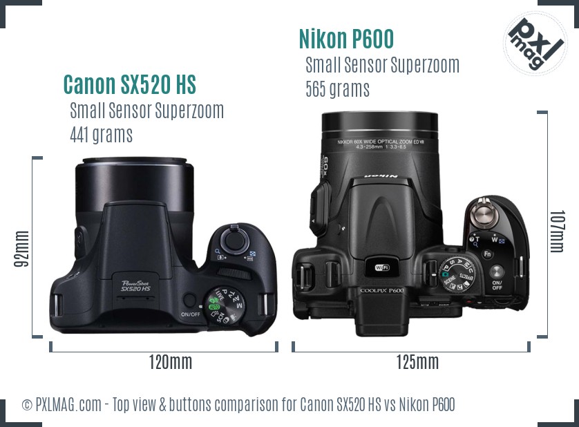 Canon SX520 HS vs Nikon P600 top view buttons comparison
