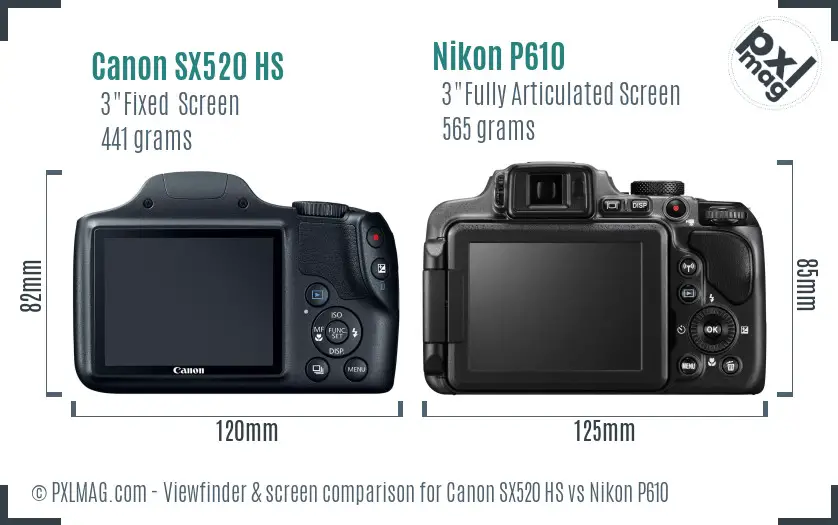 Canon SX520 HS vs Nikon P610 Screen and Viewfinder comparison