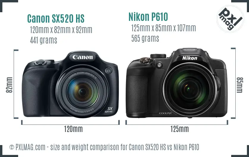 Canon SX520 HS vs Nikon P610 size comparison