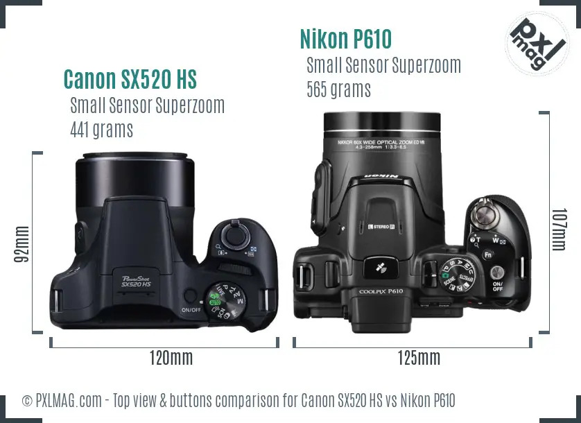 Canon SX520 HS vs Nikon P610 top view buttons comparison