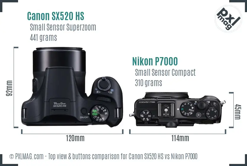 Canon SX520 HS vs Nikon P7000 top view buttons comparison