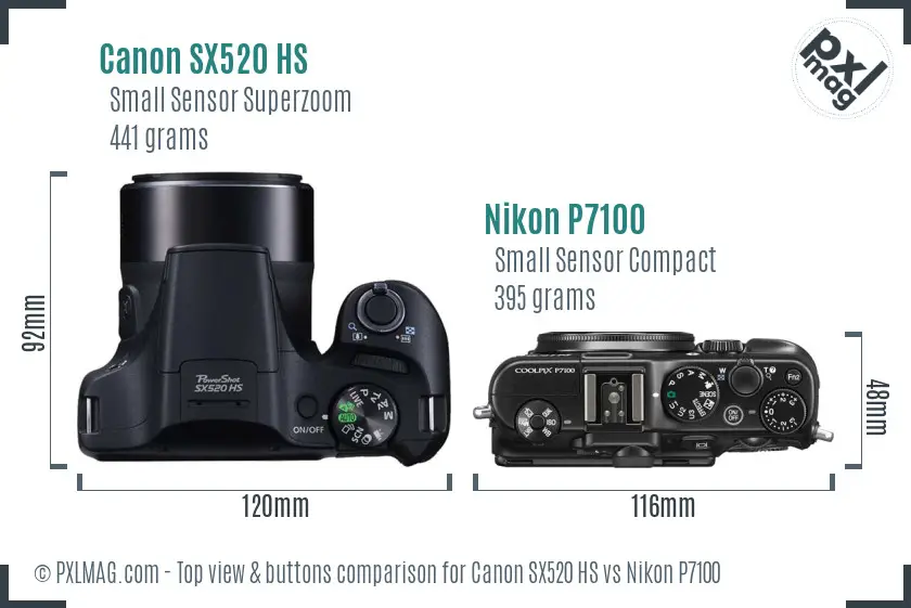 Canon SX520 HS vs Nikon P7100 top view buttons comparison Canon SX520 HS vs Nikon P7100 top view buttons comparison