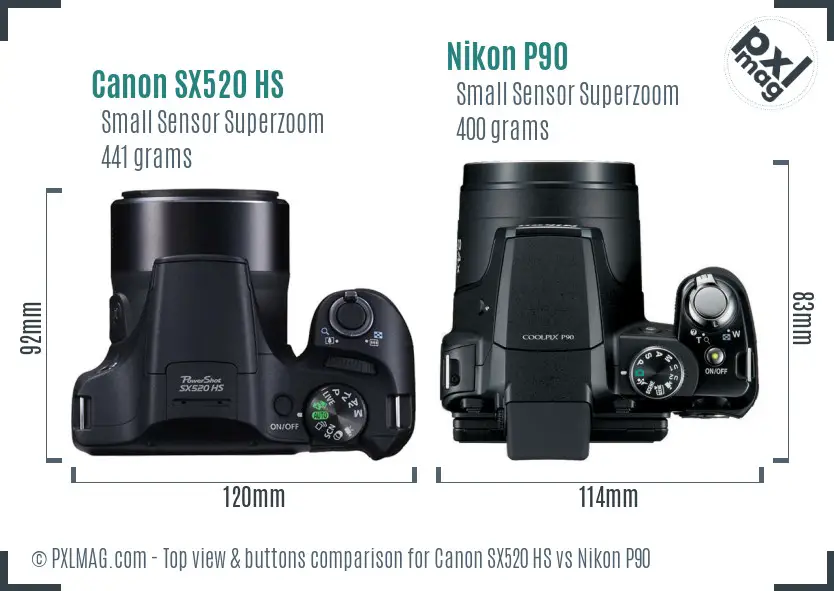 Canon SX520 HS vs Nikon P90 top view buttons comparison Canon SX520 HS vs Nikon P90 top view buttons comparison