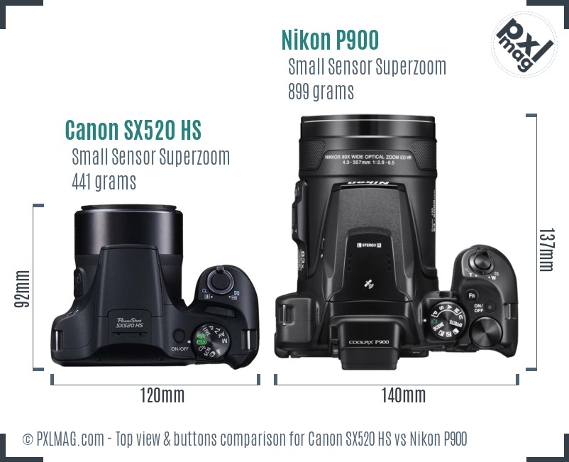 Canon SX520 HS vs Nikon P900 top view buttons comparison