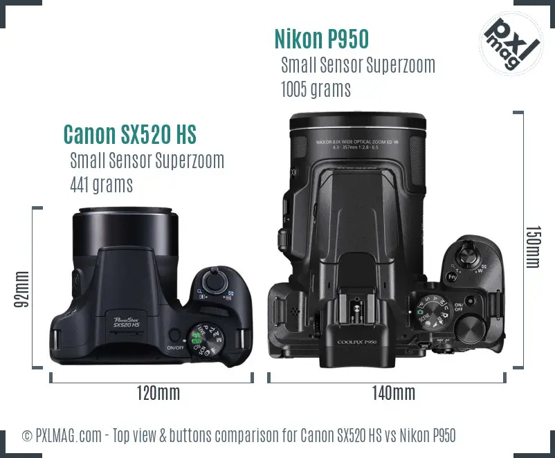Canon SX520 HS vs Nikon P950 top view buttons comparison