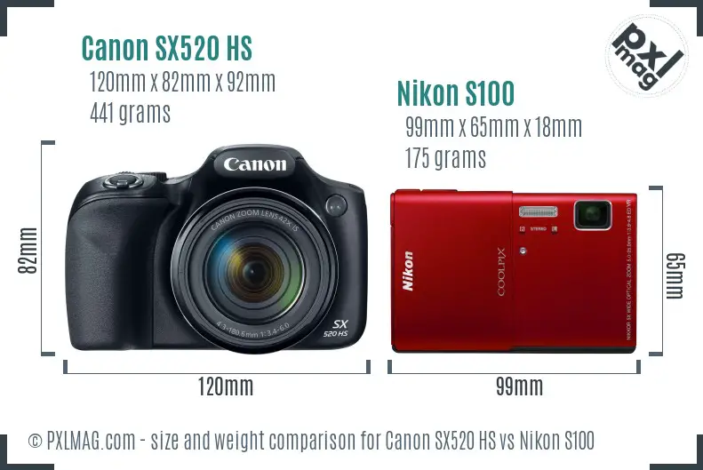 Canon SX520 HS vs Nikon S100 size comparison