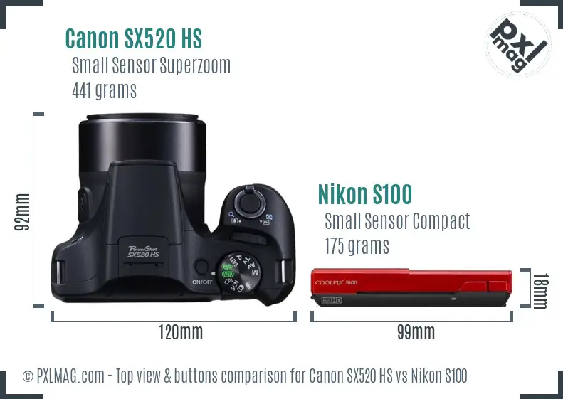Canon SX520 HS vs Nikon S100 top view buttons comparison