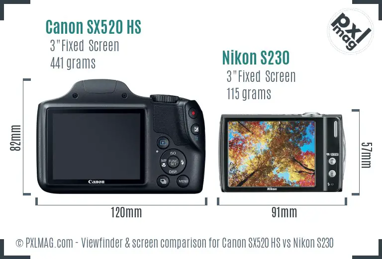 Canon SX520 HS vs Nikon S230 Screen and Viewfinder comparison