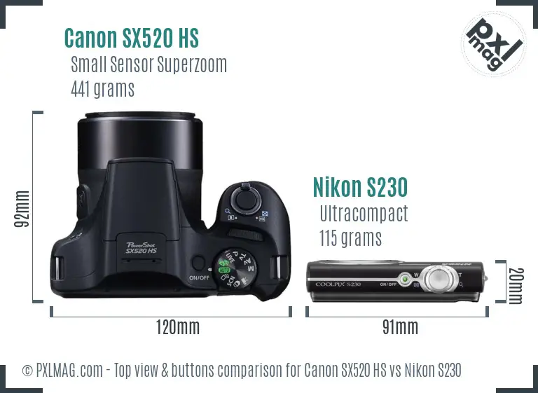 Canon SX520 HS vs Nikon S230 top view buttons comparison
